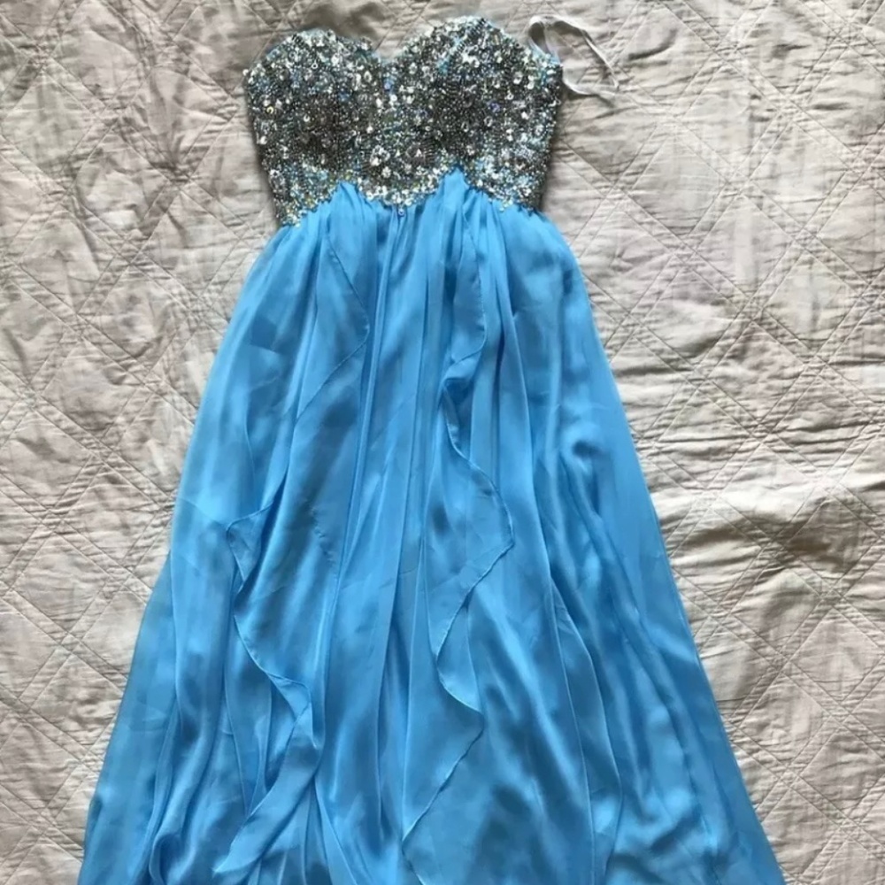 SHERRI HILL Blue beaded embellished gemstone rhinestone chiffon dress - Picture 1 of 5